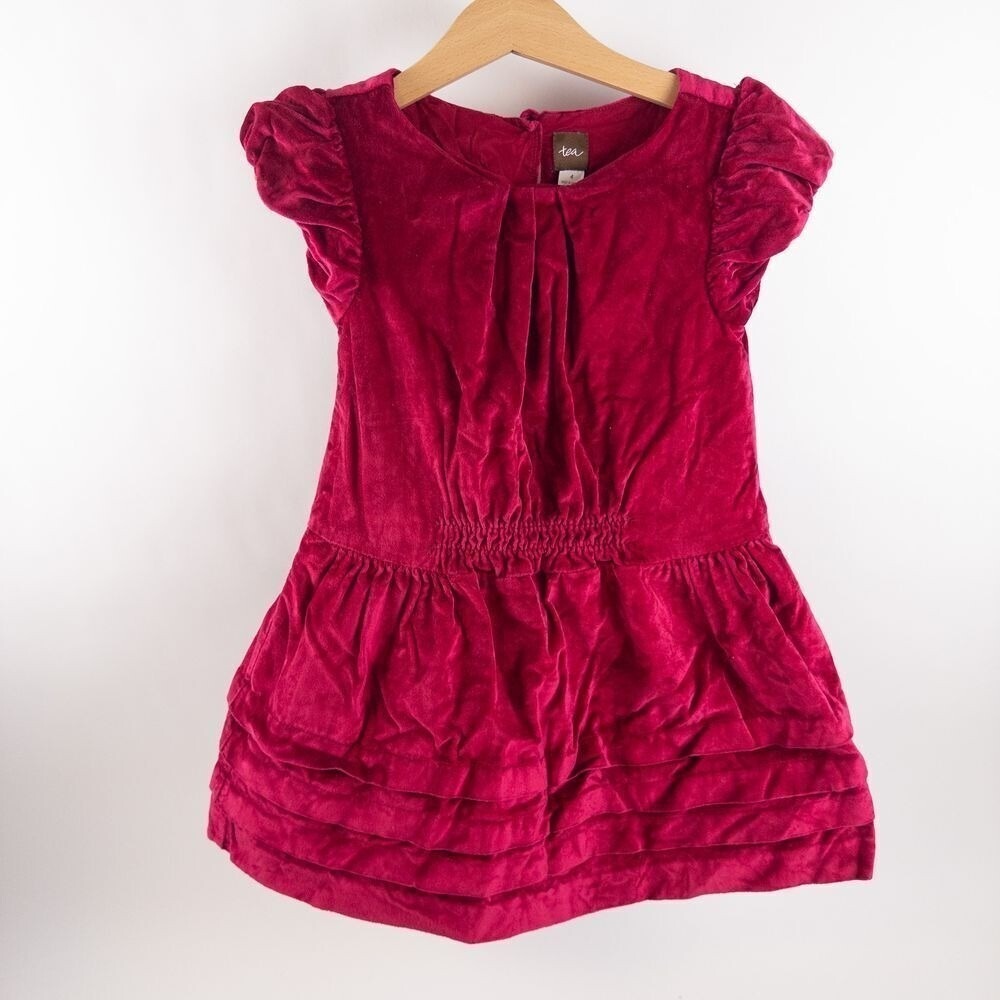 Tea Collection Velvet Dress Girls 4 Magenta Pink Ruffle Tiered Holiday‎ Party